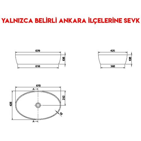 Turkuaz One 67x42 cm Tezgah Üstü Lavabo