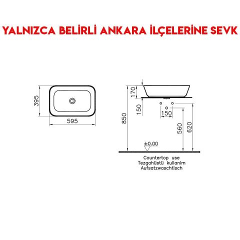 Vitra Geo 60 cm Taşmasız Batarya Deliksiz Dikdörtgen Çanak Lavabo