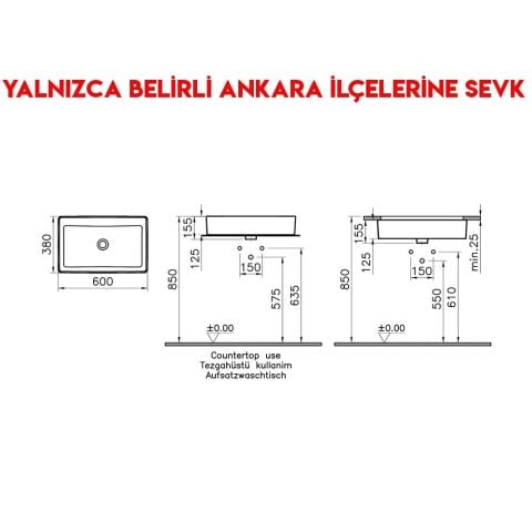 Vitra Nuo 60 cm Batarya Deliksiz Taşmasız Diktörgen Çanak Lavabo