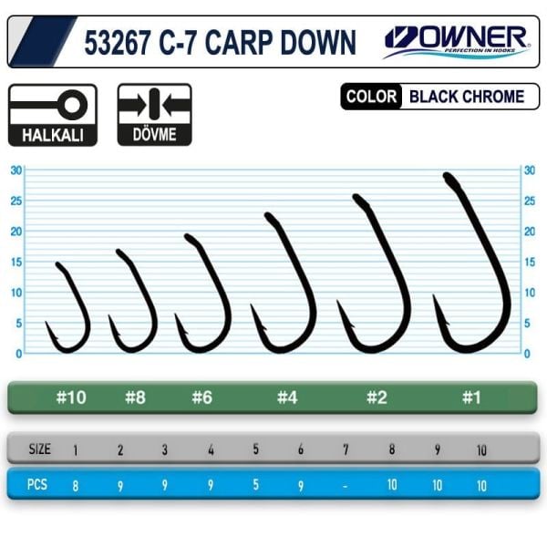 Owner 53267 C-7 Carp Down No:2 Black Chrome Sazan İğnesi 9 Adet