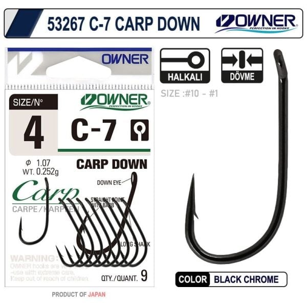 Owner 53267 C-7 Carp Down Black Chrome Japon Olta İğnesi No: 2  9 Adet