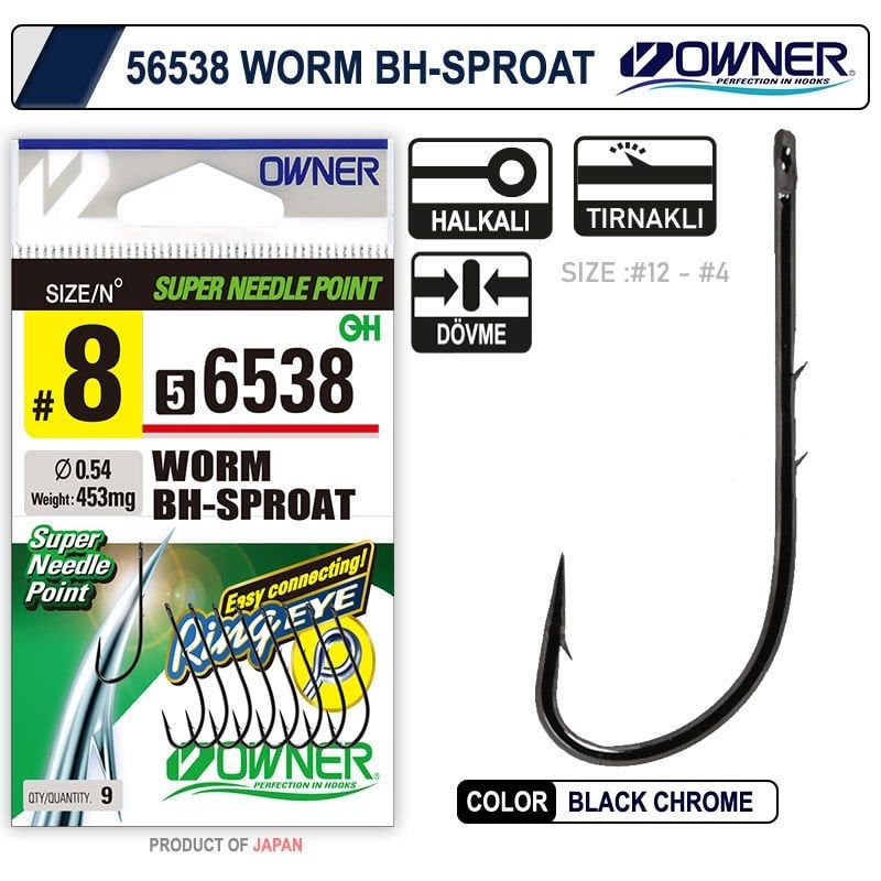Owner 56538 Worm Bh-Sproat Black Chrome Japon Olta İğnesi No: 4  9 Adet