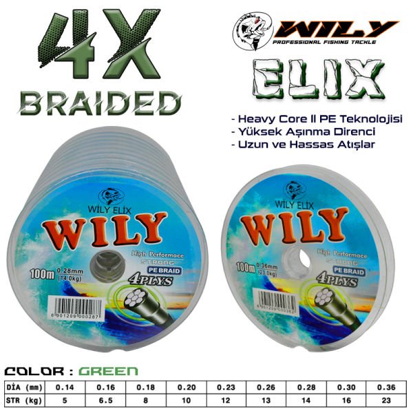 Wily Elix 0.30 mm 100m 4 Kat Yeşil İp Misina 16kg Çeker