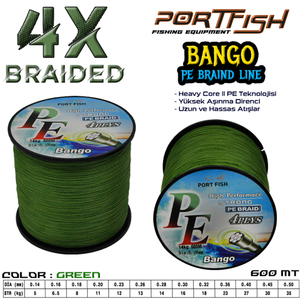 Portfish Bango 4 Kat İp Misina 600 mt Yeşil 0,50 mm