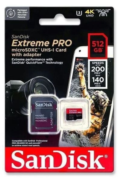 SanDisk 512GB V30  MicroSDXC Extreme Pro UHS-I A2  Adaptörlü Hafıza Kartı 200/140MB/s