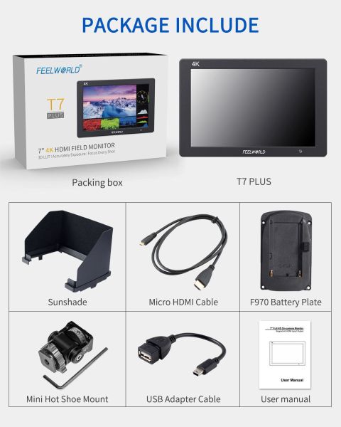 FEELWORLD T7 PLUS 7 İnç 3D LUT  Kamera Alan Monitörü 1920x1200  4K HDMI