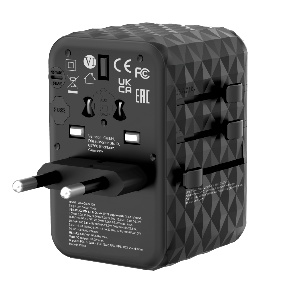 VERBATIM 32120 - V GAN3 UNIVERSAL TRAVEL ADAPTER UTA-05 Evrensel Seyahat Adaptörü 65W