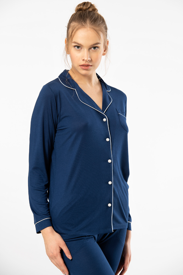 Kadın Düz Uzun Kollu Gömlek Yaka Pijama Takımı