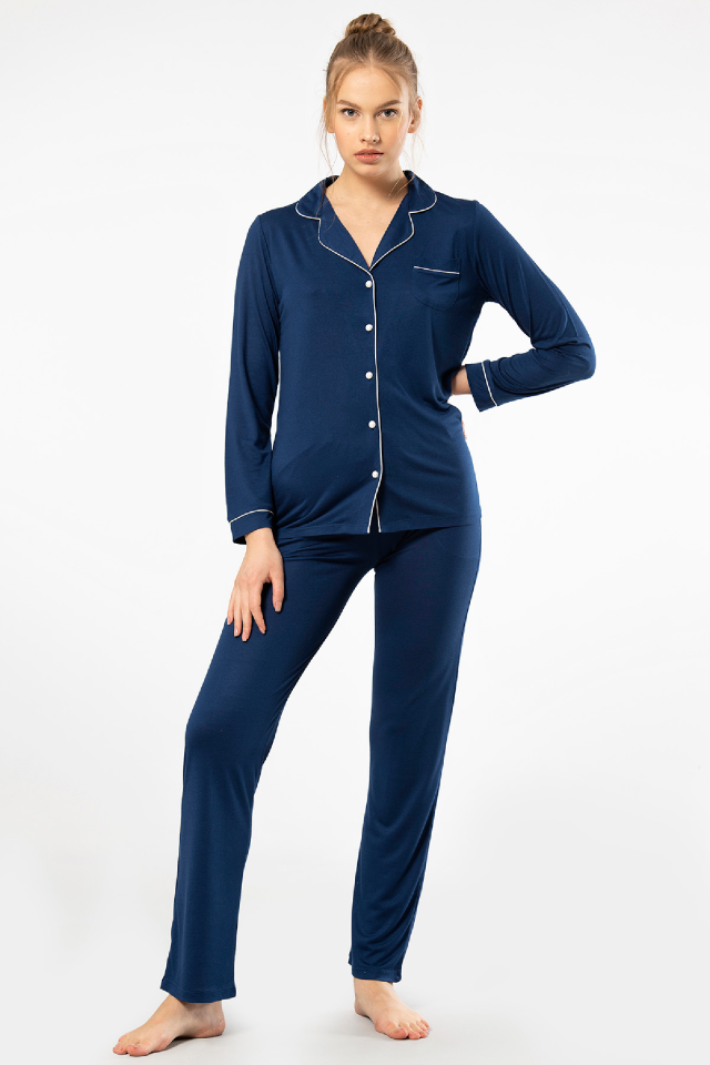 Kadın Düz Uzun Kollu Gömlek Yaka Pijama Takımı