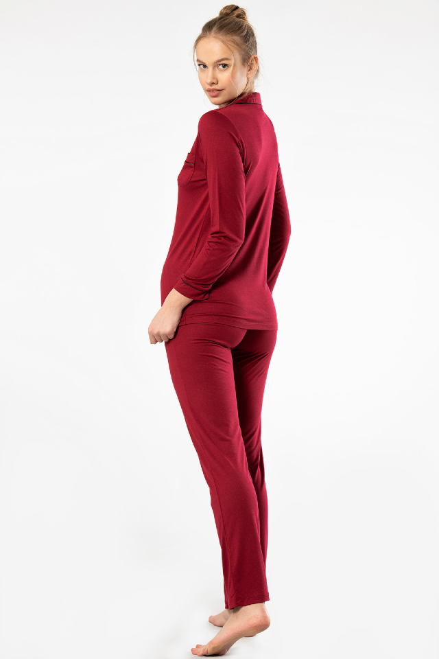 Kadın Düz Uzun Kollu Gömlek Yaka Pijama Takımı
