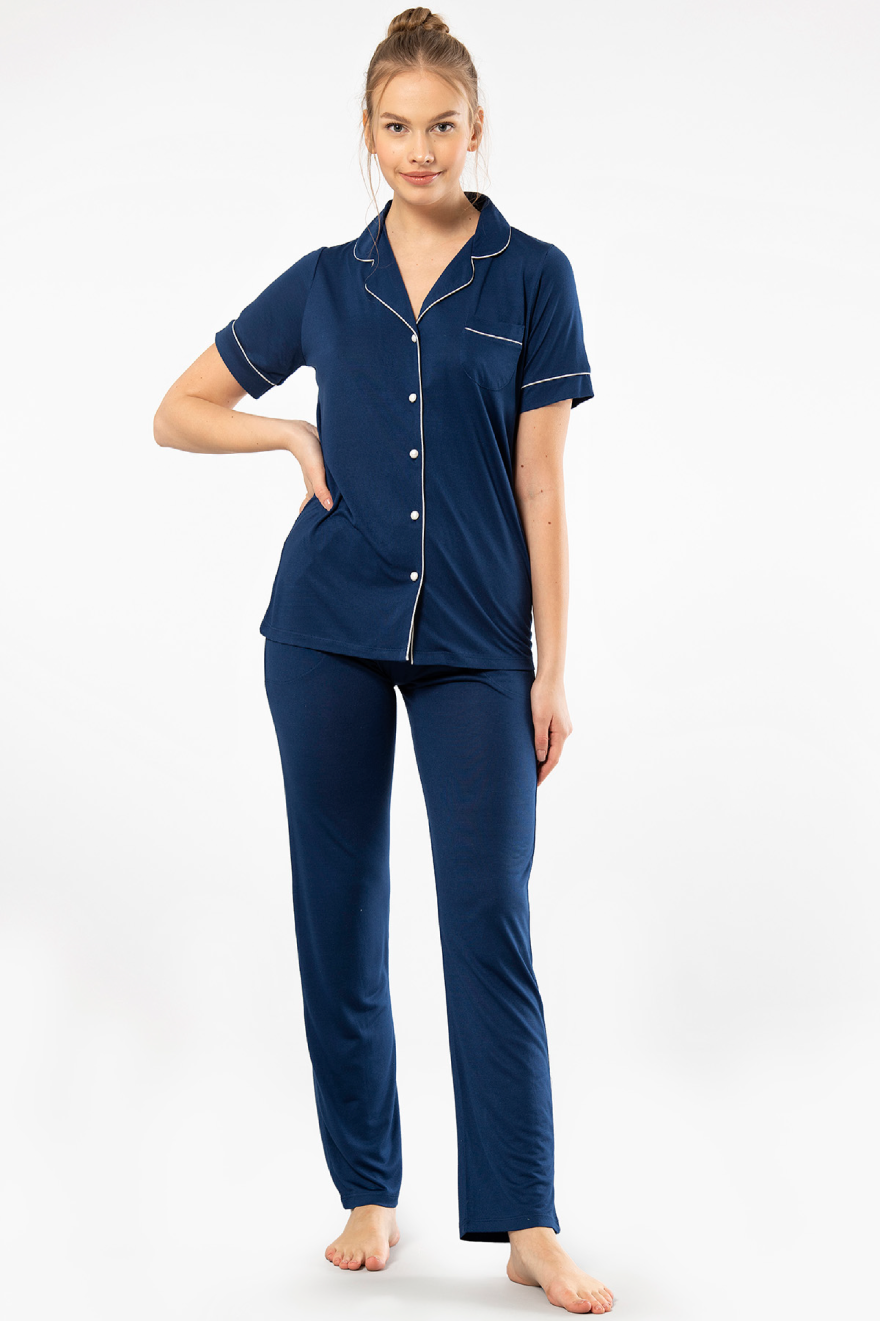 Kadın Düz Kısa Kollu Gömlek Yaka Pijama Takımı