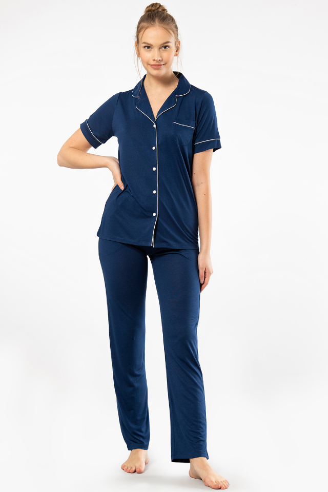 Kadın Düz Kısa Kollu Gömlek Yaka Pijama Takımı