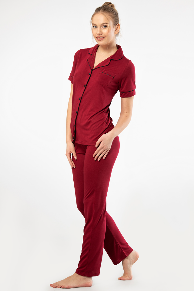 Kadın Düz Kısa Kollu Gömlek Yaka Pijama Takımı