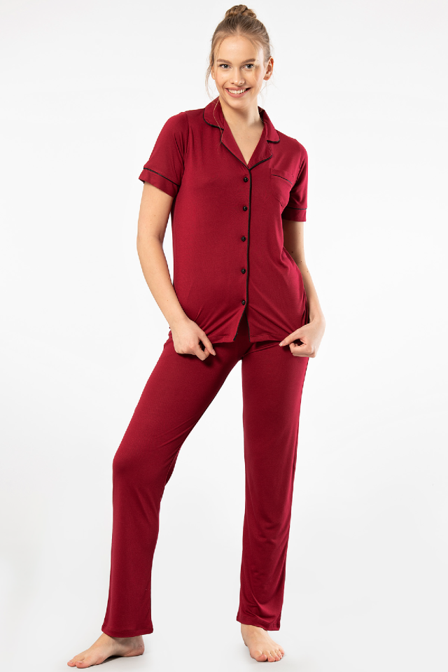 Kadın Düz Kısa Kollu Gömlek Yaka Pijama Takımı