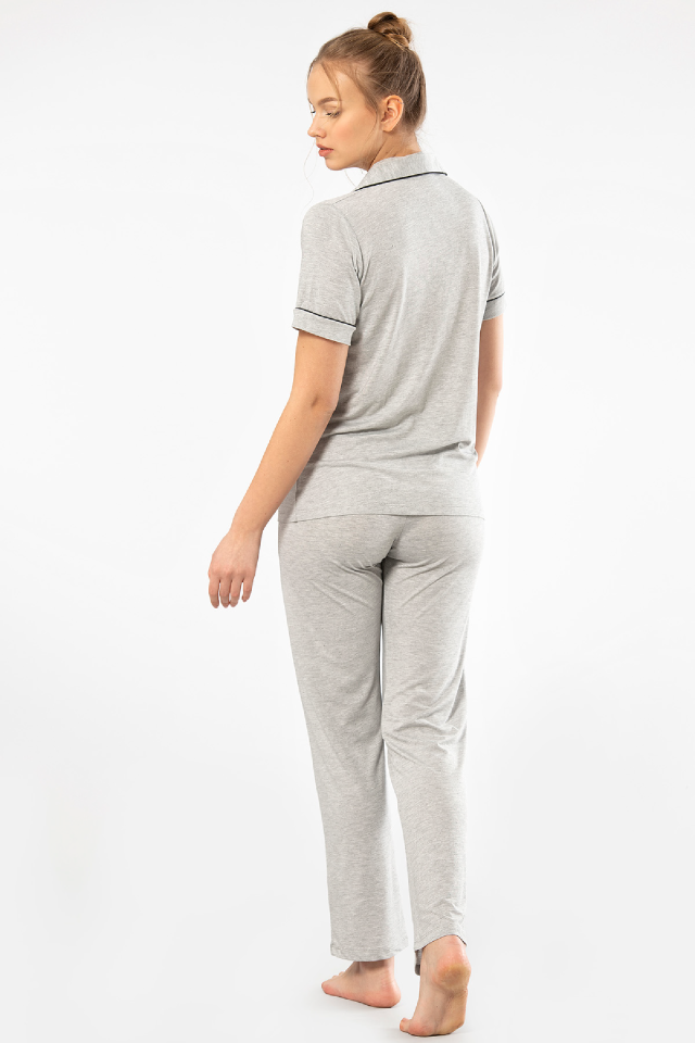 Kadın Düz Kısa Kollu Gömlek Yaka Pijama Takımı