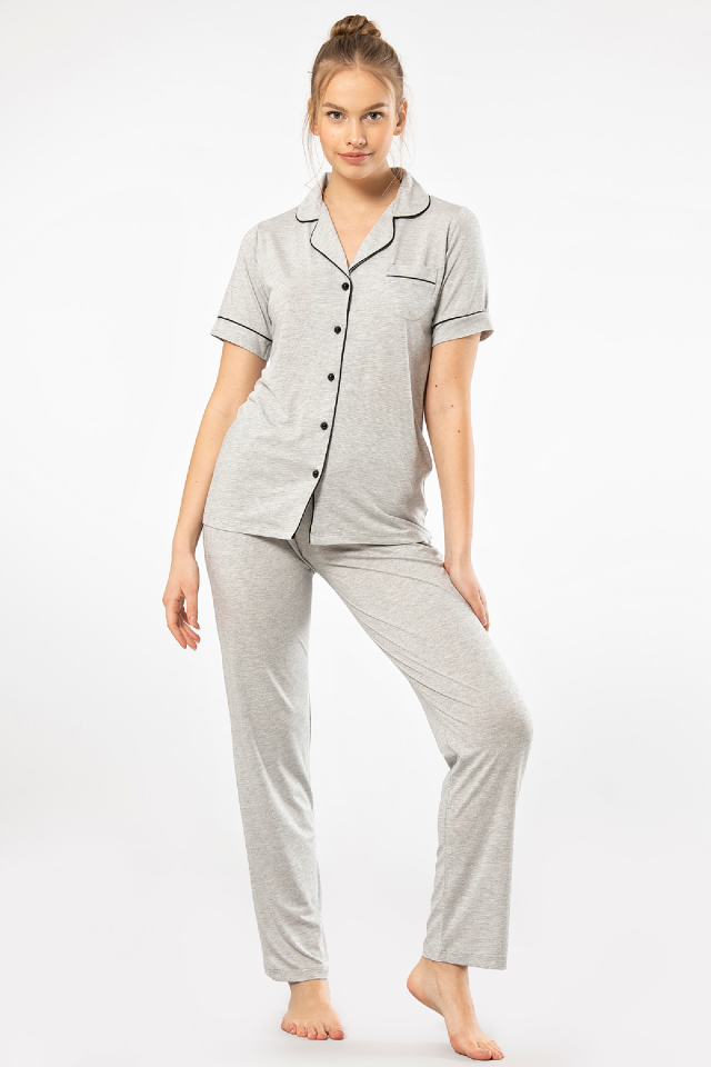 Kadın Düz Kısa Kollu Gömlek Yaka Pijama Takımı