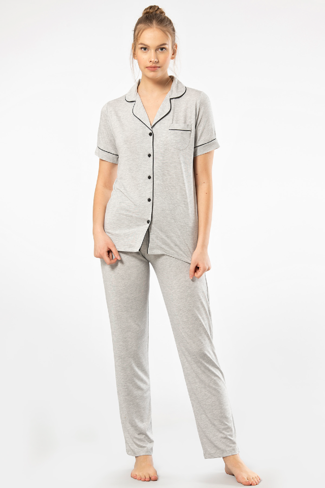 Kadın Düz Kısa Kollu Gömlek Yaka Pijama Takımı