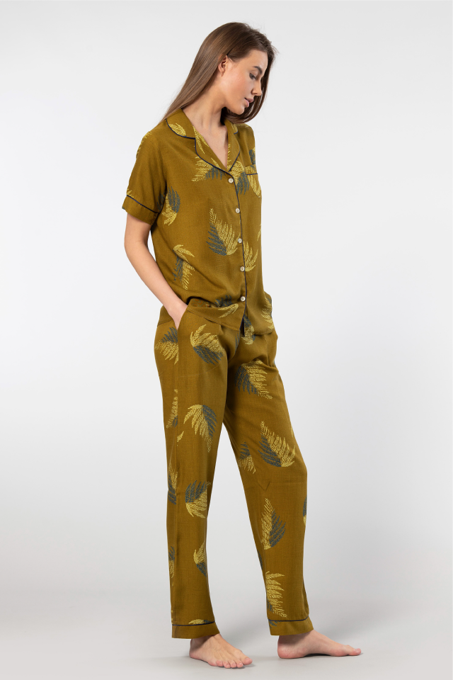 Türen Kadın Desenli Kısa Kol Dokuma Pijama Takımı