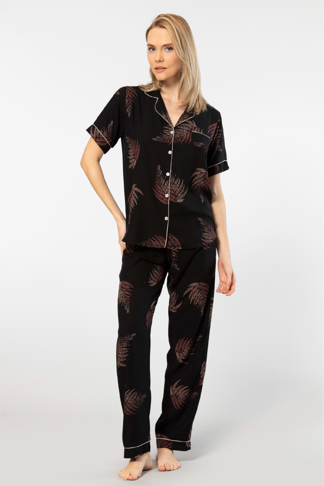Türen Kadın Desenli Kısa Kol Dokuma Pijama Takımı