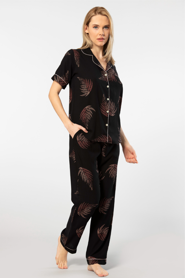 Türen Kadın Desenli Kısa Kol Dokuma Pijama Takımı