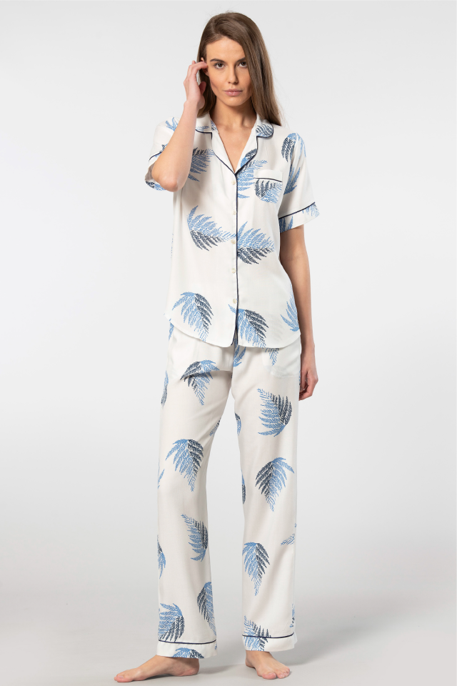 Türen Kadın Desenli Kısa Kol Dokuma Pijama Takımı
