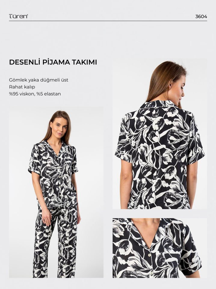 Türen Kadın Desenli Kısa Kol Dokuma Pijama Takımı