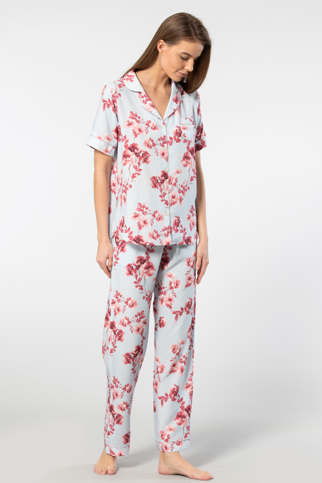 Türen Kadın Desenli Kısa Kol Dokuma Pijama Takımı