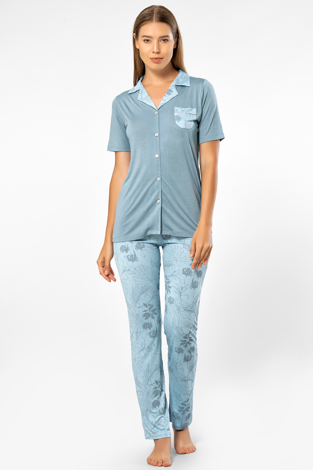 Türen Yaprak Desenli Kısa Kol Pijama