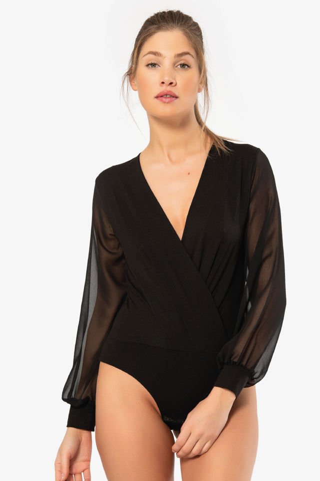 Türen Kruvaze Yaka Uzun Kollu Çıtçıtlı Body