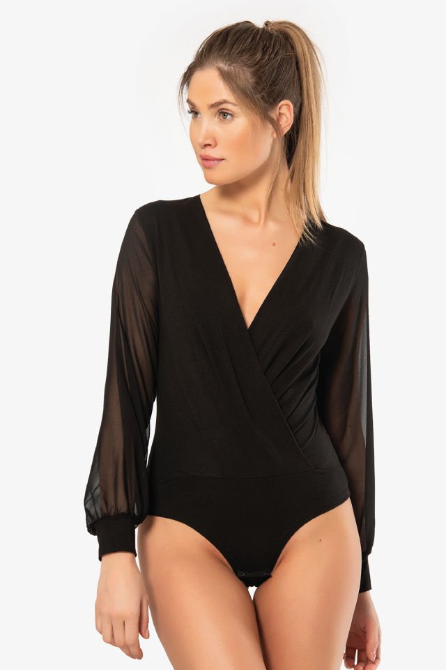 Türen Kruvaze Yaka Uzun Kollu Çıtçıtlı Body