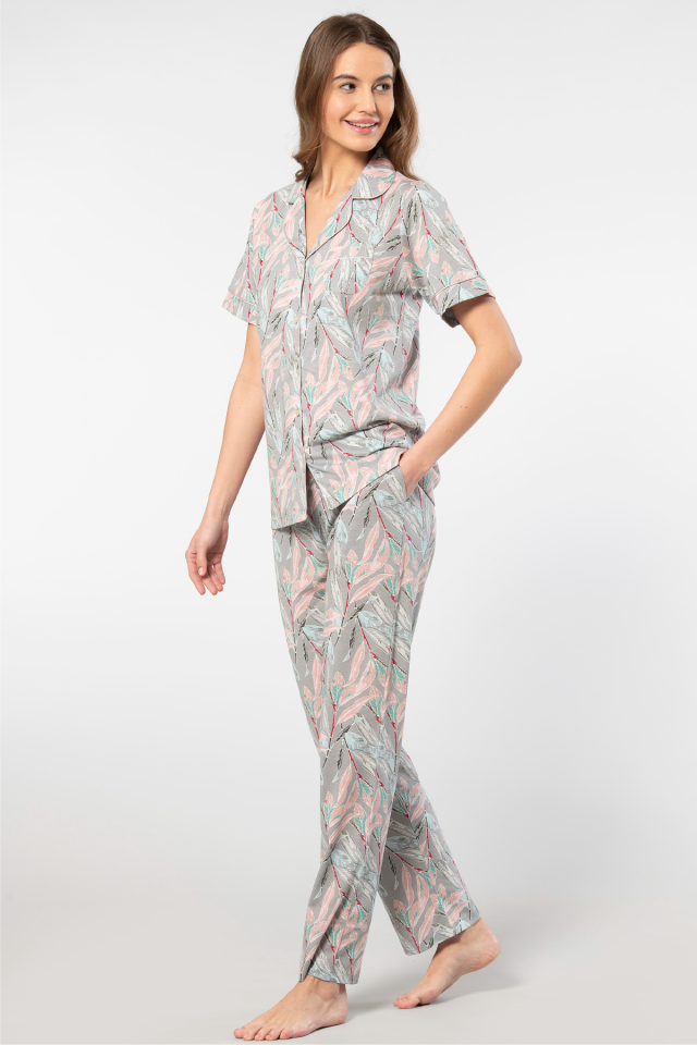 Türen Yaprak Desenli Kısa Kollu Gömlek Yaka Pijama Takımı
