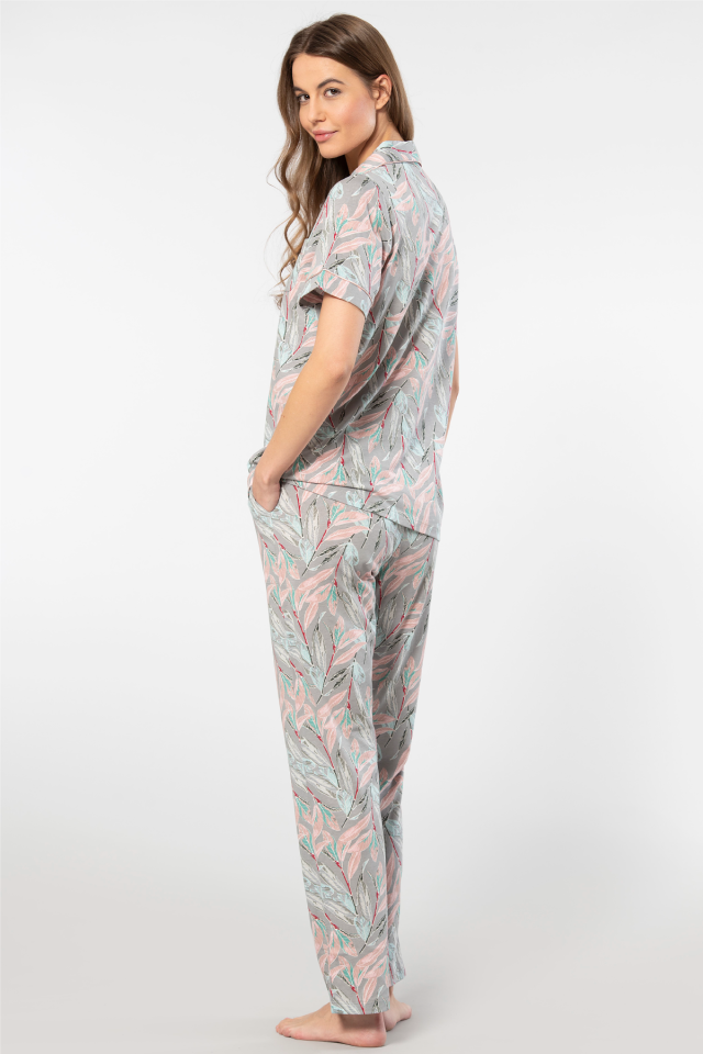 Türen Yaprak Desenli Kısa Kollu Gömlek Yaka Pijama Takımı