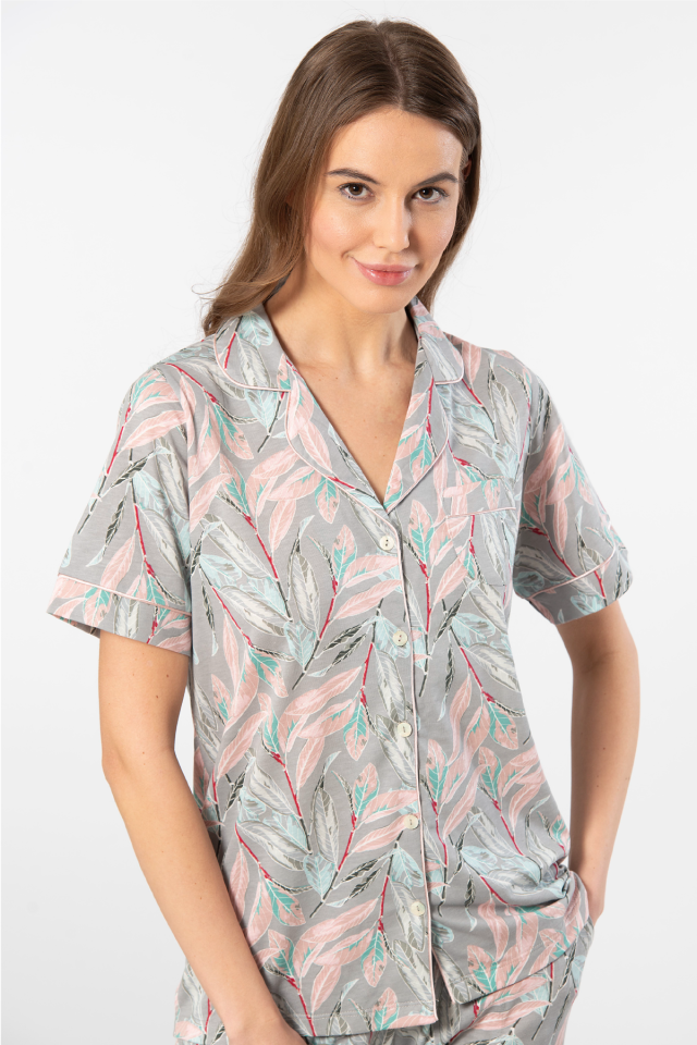 Türen Yaprak Desenli Kısa Kollu Gömlek Yaka Pijama Takımı