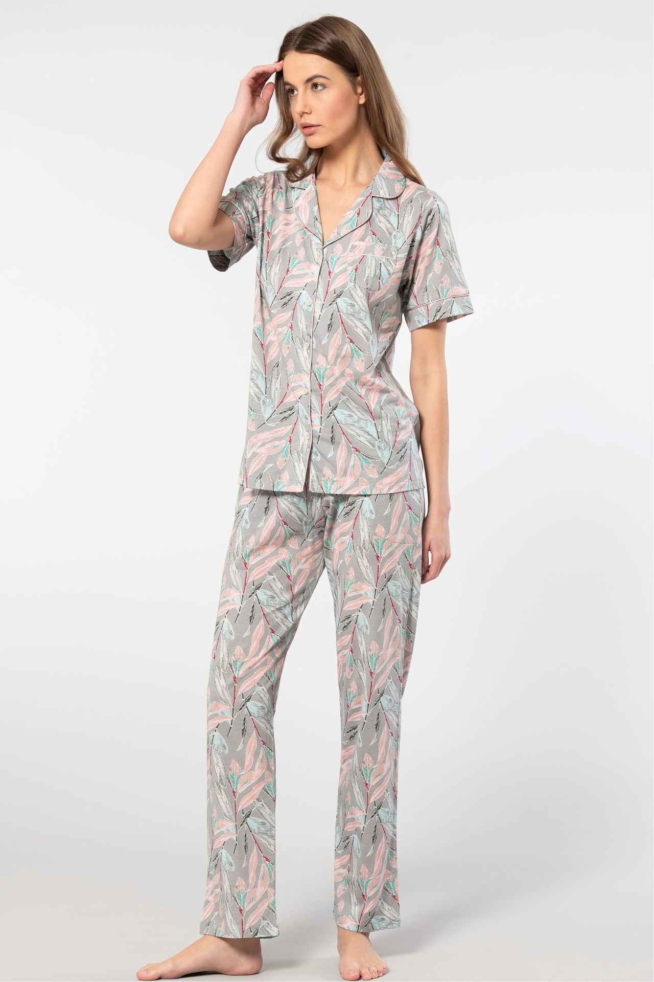 Türen Yaprak Desenli Kısa Kollu Gömlek Yaka Pijama Takımı