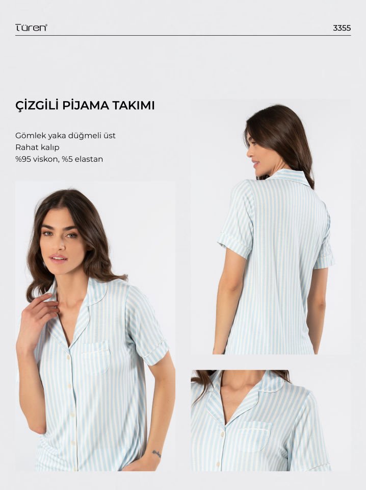 Türen Çizgili Kısa Kollu Gömlek Yaka Pijama Takımı
