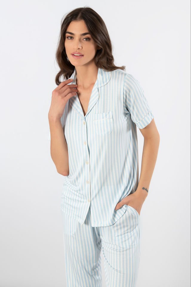 Türen Çizgili Kısa Kollu Gömlek Yaka Pijama Takımı