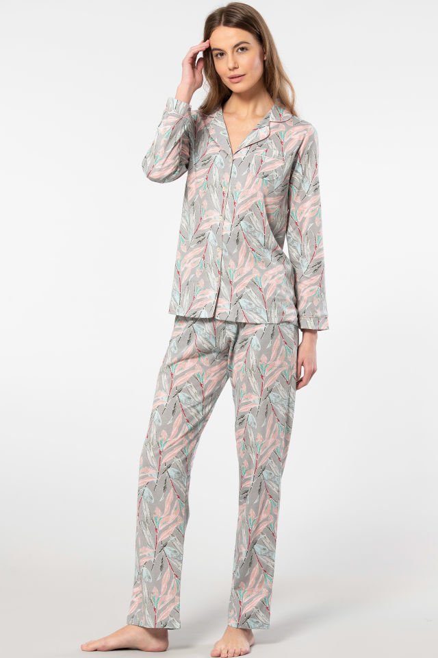 Türen Yaprak Desenli Uzun Kollu Gömlek Yaka Pijama Takımı