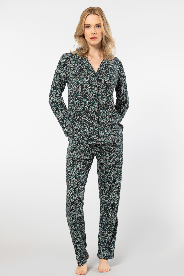 Türen Çiçek Desenli Uzun Kollu Gömlek Yaka Pijama Takımı