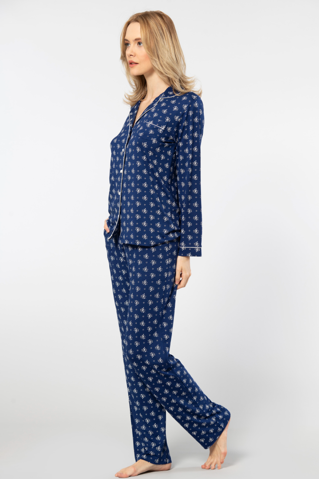 Türen Çiçek Desenli Uzun Kollu Gömlek Yaka Pijama Takımı