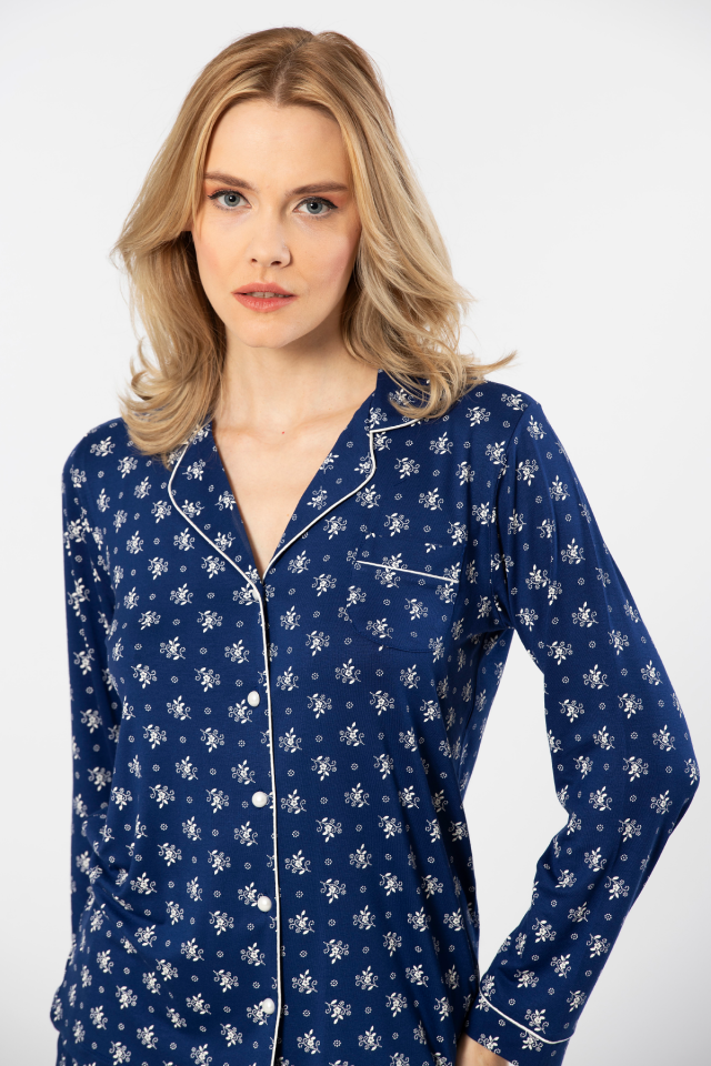 Türen Çiçek Desenli Uzun Kollu Gömlek Yaka Pijama Takımı