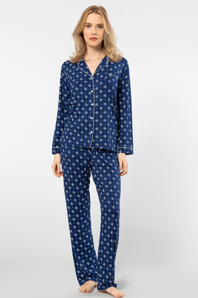 Türen Çiçek Desenli Uzun Kollu Gömlek Yaka Pijama Takımı