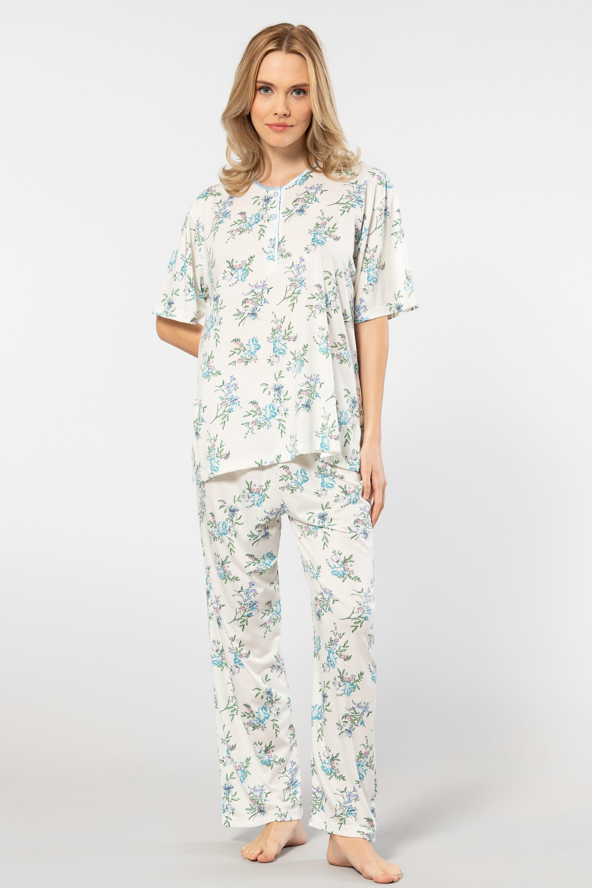 Türen Çiçek Desenli Patlı Battal Kısa Kollu Pijama Takımı