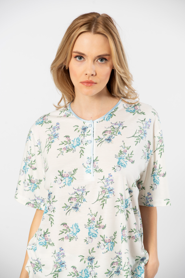 Türen Çiçek Desenli Patlı Battal Kısa Kollu Pijama Takımı