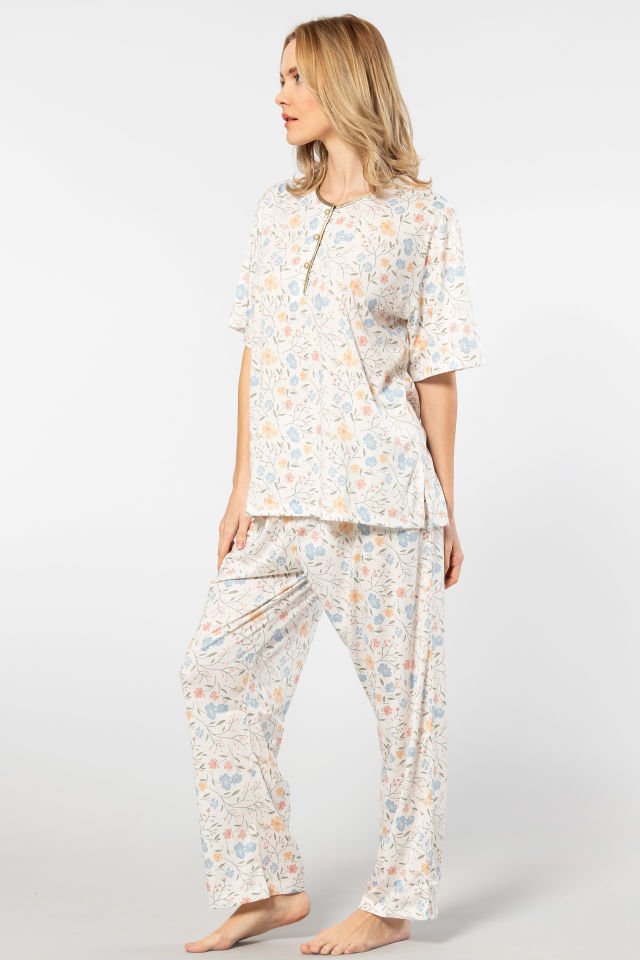 Türen Çiçek Desenli Patlı Battal Kısa Kollu Pijama Takımı