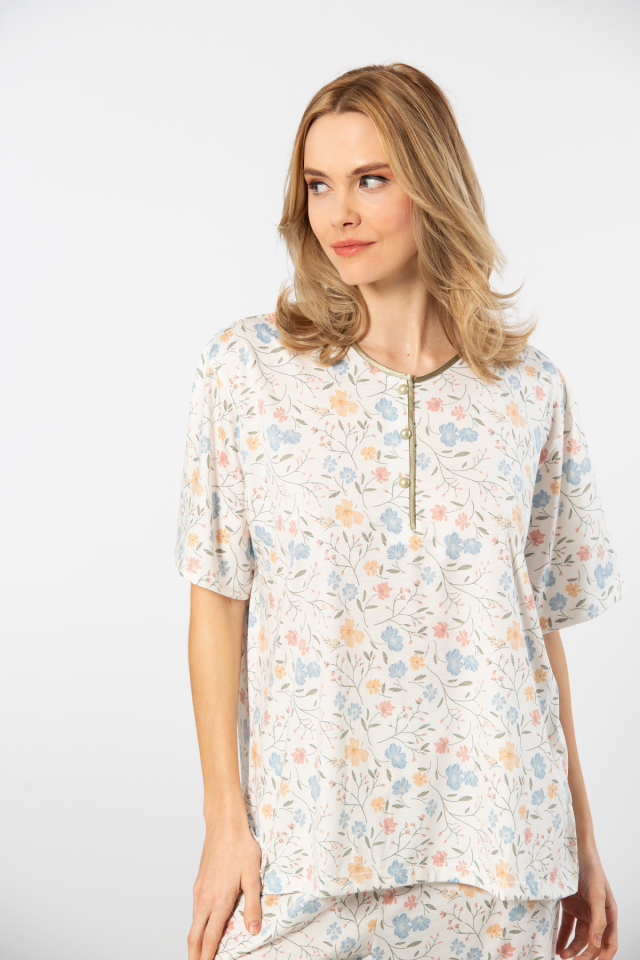 Türen Çiçek Desenli Patlı Battal Kısa Kollu Pijama Takımı