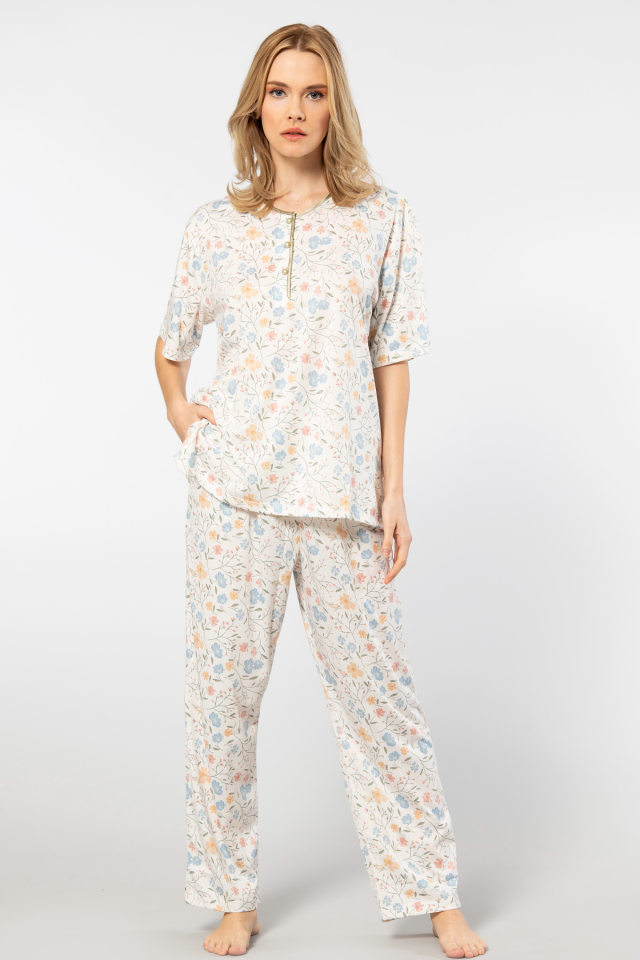 Türen Çiçek Desenli Patlı Battal Kısa Kollu Pijama Takımı