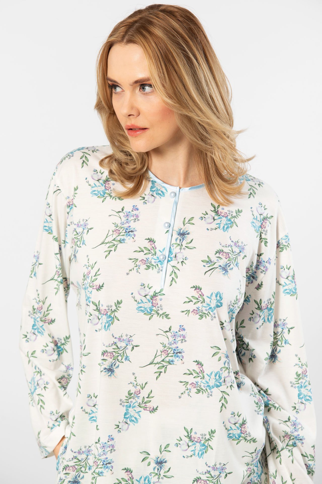 Türen Çiçek Desenli Patlı Battal Uzun Kollu Pijama Takımı