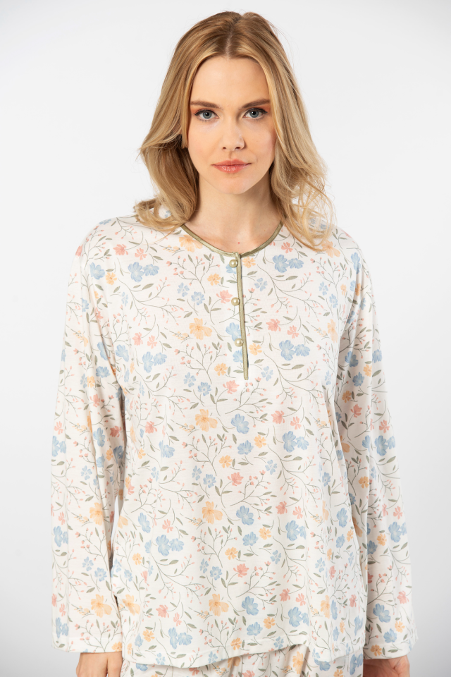 Türen Çiçek Desenli Patlı Battal Uzun Kollu Pijama Takımı