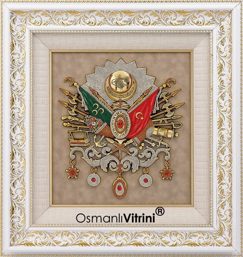 75 cm x 80 cm Taşlı Beyaz Altın Osmanlı Tuğrası Arması Tablo Çerçeve
