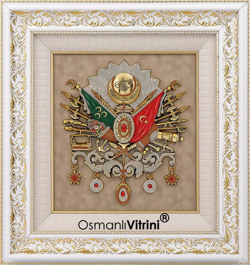 60 cm x 65 cm Taşlı Beyaz Altın Renk Osmanlı Tuğrası Arması Tablo Çerçeve